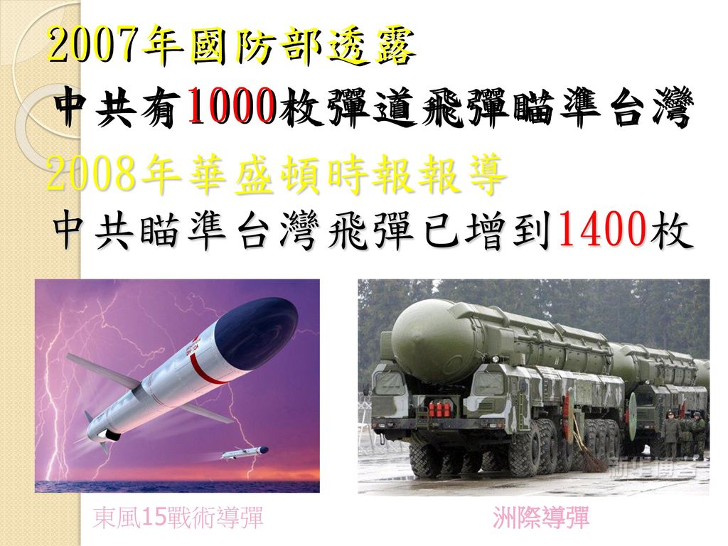 2007年國防部透露 中共有1000枚彈道飛彈瞄準台灣 2008年華盛頓時報報導 中共瞄準台灣飛彈已增到1400枚 東風15戰術導彈