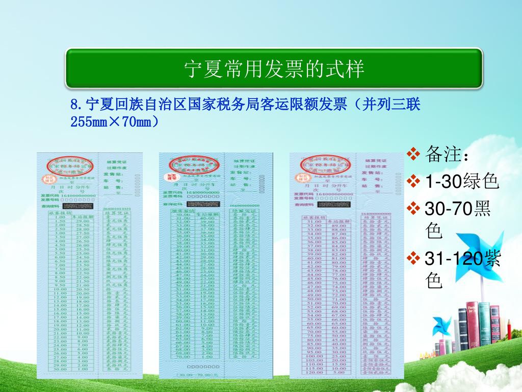 宁夏常用发票的式样 备注： 1-30绿色 30-70黑色 紫色