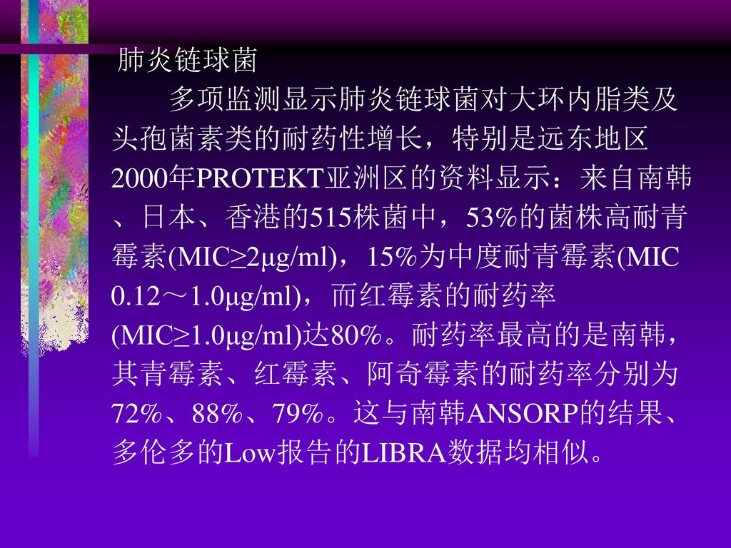 肺炎链球菌 多项监测显示肺炎链球菌对大环内脂类及头孢菌素类的耐药性增长，特别是远东地区2000年PROTEKT亚洲区的资料显示：来自南韩、日本、香港的515株菌中，53%的菌株高耐青霉素(MIC≥2μg/ml)，15%为中度耐青霉素(MIC 0.12～1.0μg/ml)，而红霉素的耐药率(MIC≥1.0μg/ml)达80%。耐药率最高的是南韩，其青霉素、红霉素、阿奇霉素的耐药率分别为72%、88%、79%。这与南韩ANSORP的结果、多伦多的Low报告的LIBRA数据均相似。