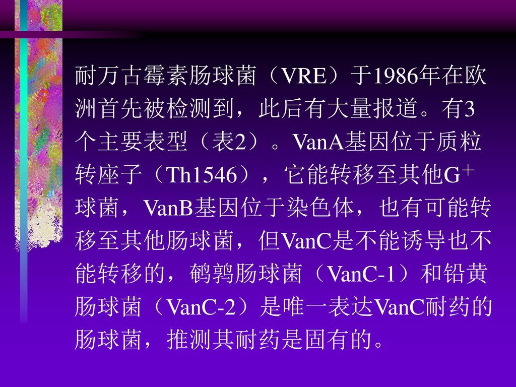 耐万古霉素肠球菌（VRE）于1986年在欧洲首先被检测到，此后有大量报道。有3个主要表型（表2）。VanA基因位于质粒转座子（Th1546），它能转移至其他G＋球菌，VanB基因位于染色体，也有可能转移至其他肠球菌，但VanC是不能诱导也不能转移的，鹌鹑肠球菌（VanC-1）和铅黄肠球菌（VanC-2）是唯一表达VanC耐药的肠球菌，推测其耐药是固有的。