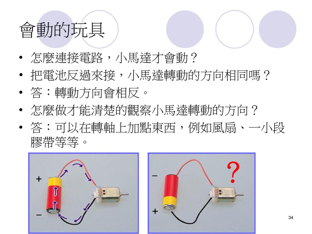 ？ 會動的玩具 怎麼連接電路，小馬達才會動？ 把電池反過來接，小馬達轉動的方向相同嗎？ 答：轉動方向會相反。