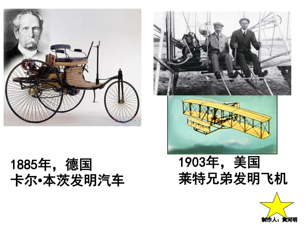 1903年，美国 莱特兄弟发明飞机 1885年，德国 卡尔•本茨发明汽车