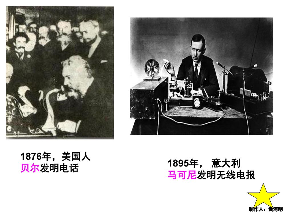 1876年，美国人贝尔发明电话 1895年， 意大利 马可尼发明无线电报