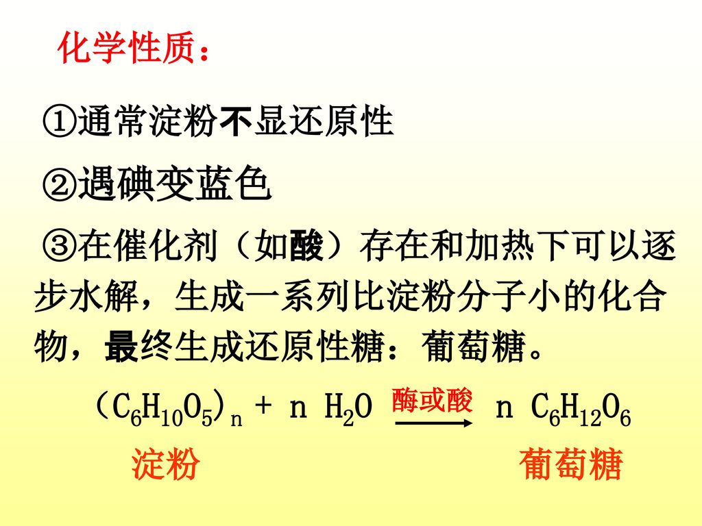 化学性质： ①通常淀粉不显还原性 ②遇碘变蓝色 ③在催化剂（如酸）存在和加热下可以逐步水解，生成一系列比淀粉分子小的化合物，最终生成还原性糖：葡萄糖。 （C6H10O5)n + n H2O n C6H12O6 淀粉 葡萄糖