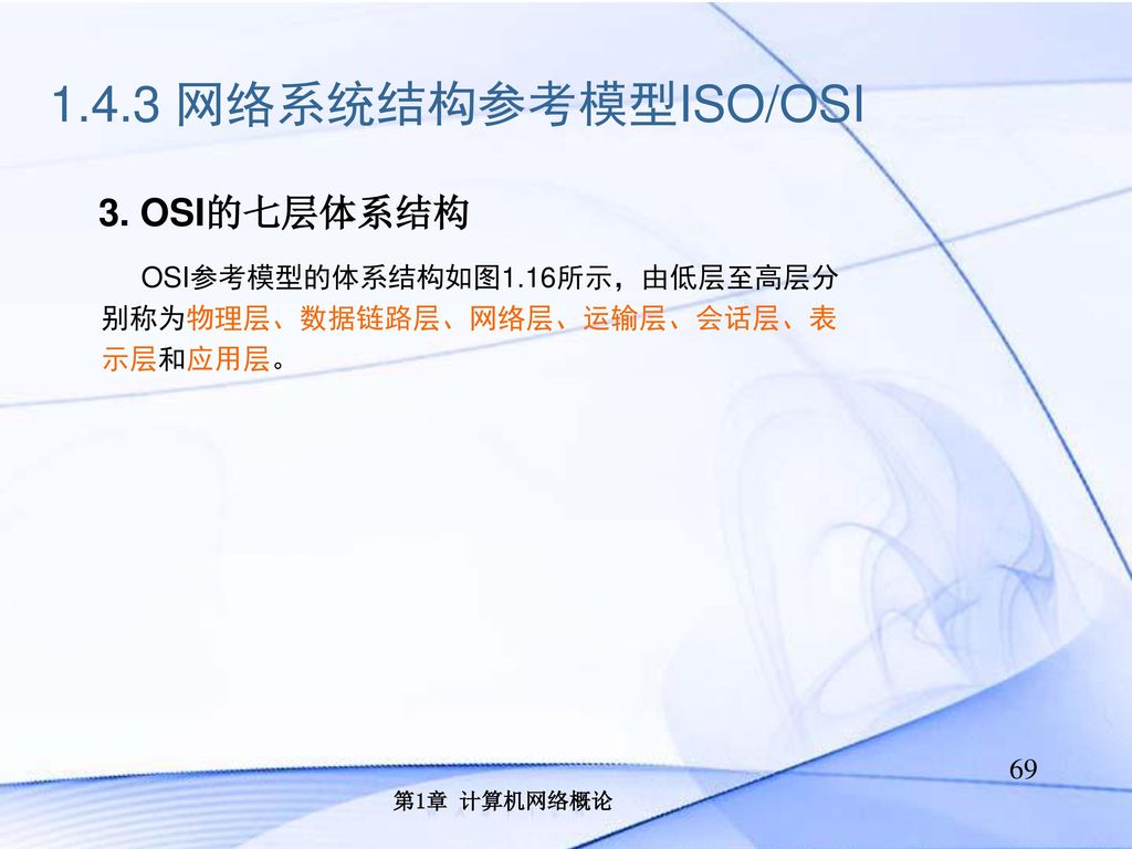 1.4.3 网络系统结构参考模型ISO/OSI 3. OSI的七层体系结构