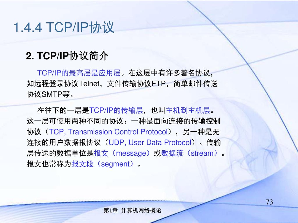 1.4.4 TCP/IP协议 2. TCP/IP协议简介. TCP/IP的最高层是应用层。在这层中有许多著名协议， 如远程登录协议Telnet，文件传输协议FTP，简单邮件传送 协议SMTP等。