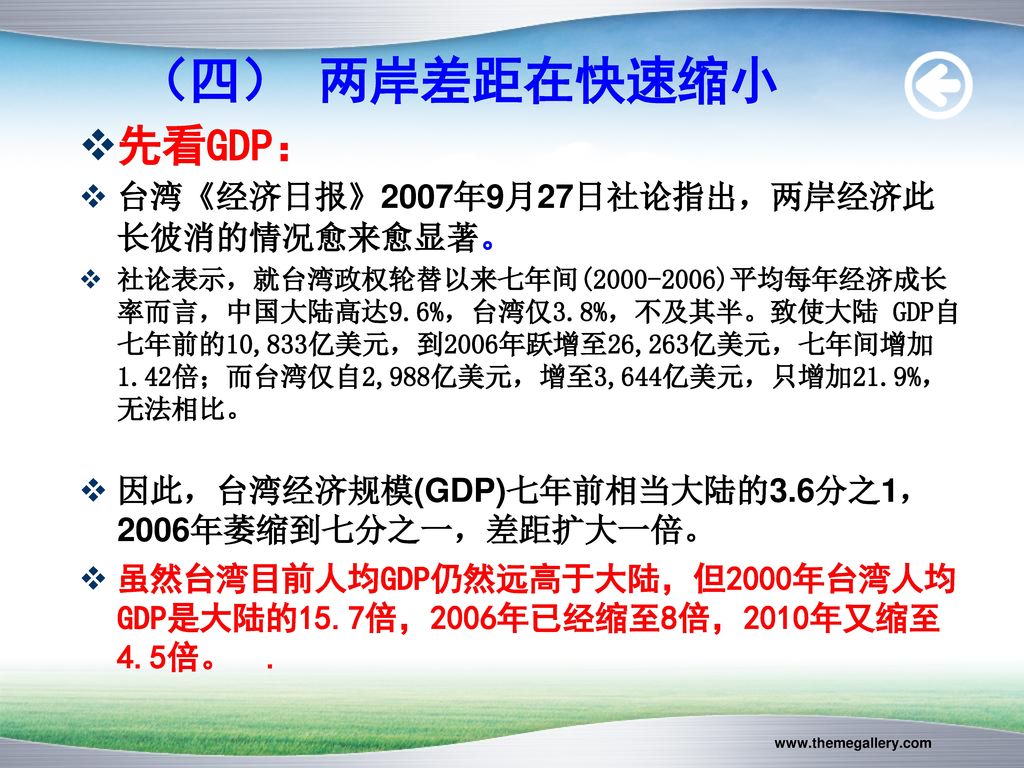 （四） 两岸差距在快速缩小 先看GDP： 台湾《经济日报》2007年9月27日社论指出，两岸经济此长彼消的情况愈来愈显著。