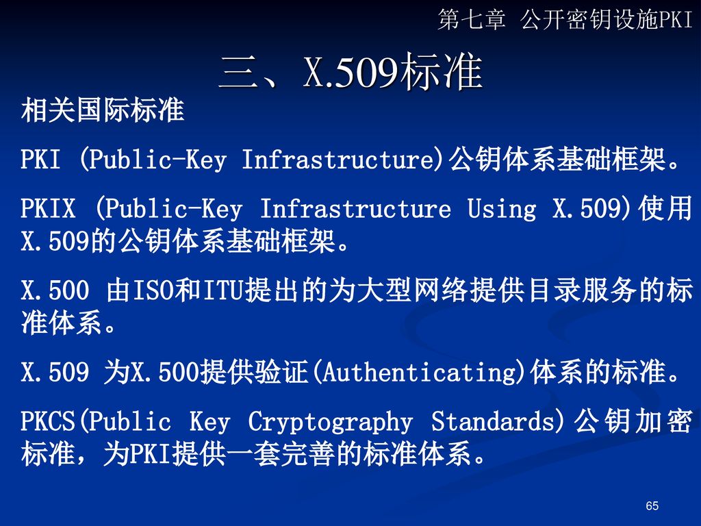 三、X.509标准 相关国际标准 PKI (Public-Key Infrastructure)公钥体系基础框架。