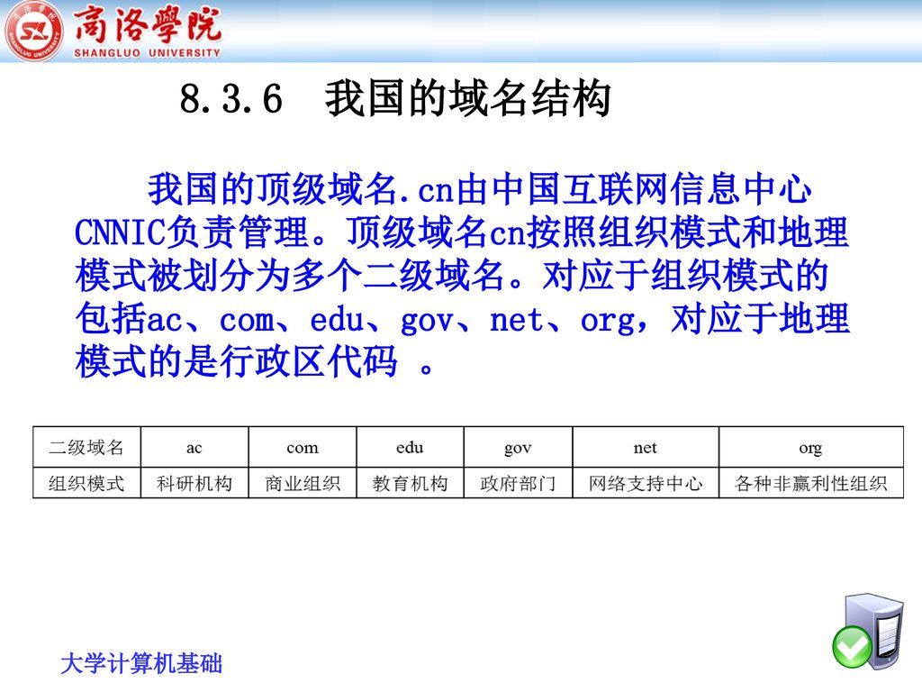 8.3.6 我国的域名结构 我国的顶级域名.cn由中国互联网信息中心CNNIC负责管理。顶级域名cn按照组织模式和地理模式被划分为多个二级域名。对应于组织模式的包括ac、com、edu、gov、net、org，对应于地理模式的是行政区代码 。