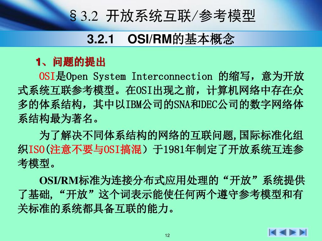 §3.2 开放系统互联/参考模型 OSI/RM的基本概念 1、问题的提出