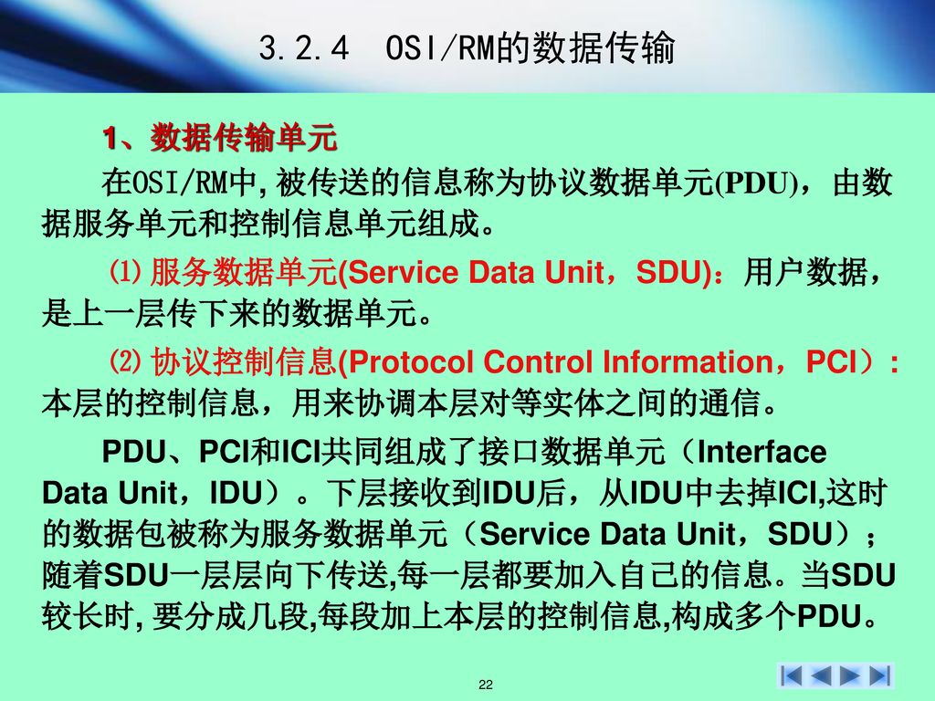 3.2.4 OSI/RM的数据传输 1、数据传输单元. 在OSI/RM中, 被传送的信息称为协议数据单元(PDU)，由数据服务单元和控制信息单元组成。 ⑴ 服务数据单元(Service Data Unit，SDU)：用户数据，是上一层传下来的数据单元。