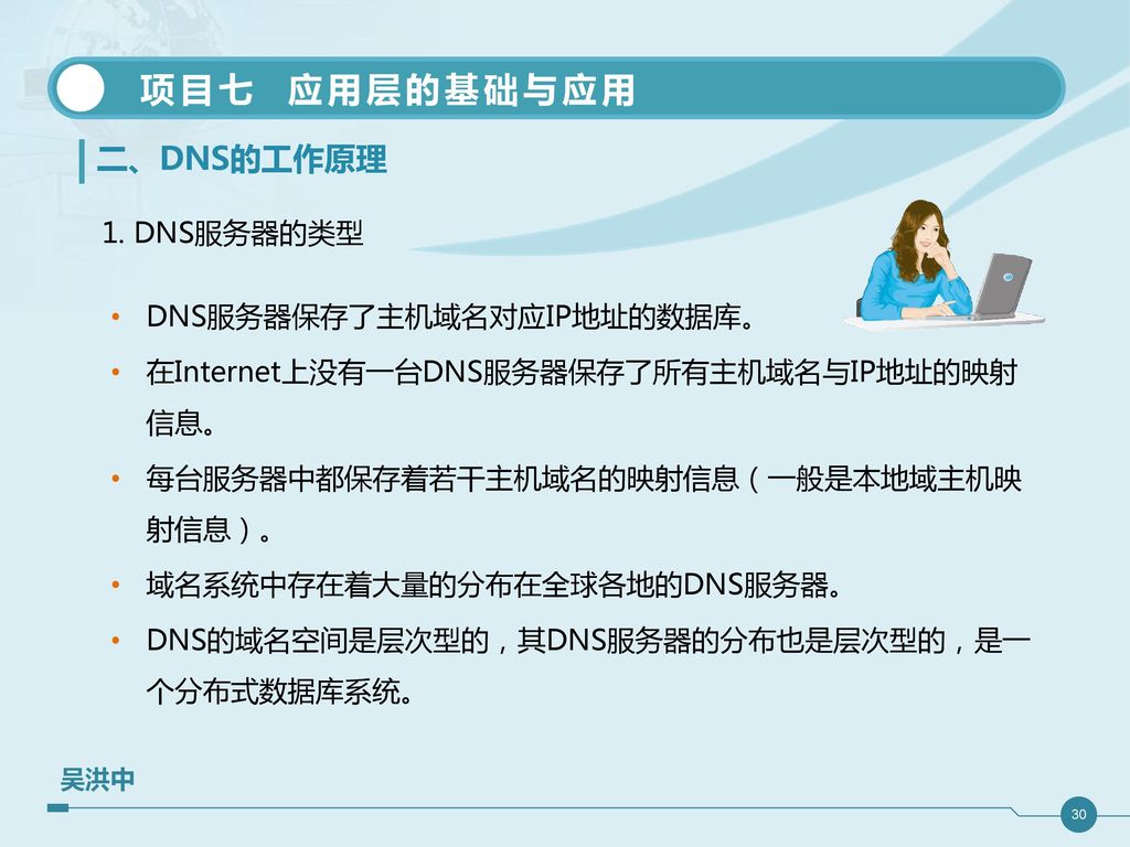 一、域名系统的基本知识 8. DNS服务器应具有的基本功能 保存 主机域名 对应IP地址的数据库。 接受DNS查询请求。