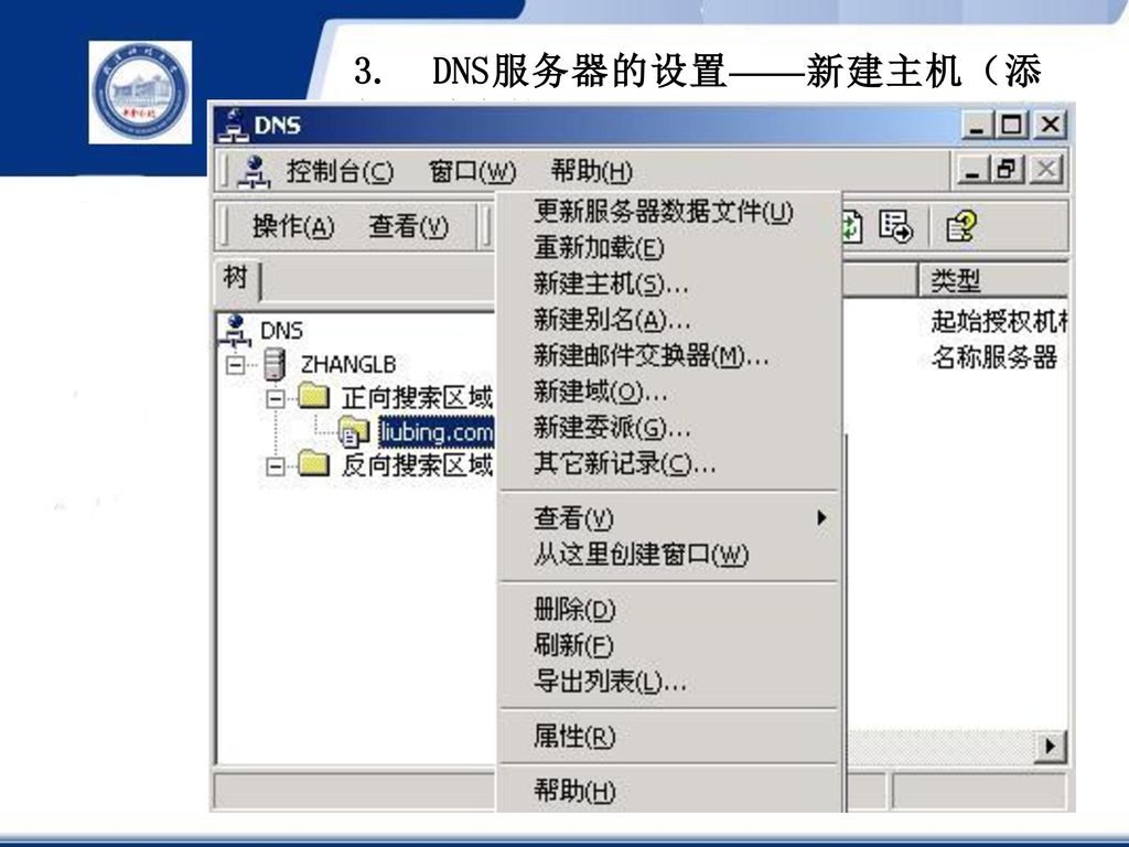 3. DNS服务器的设置­——新建主机（添加区域中的记录）