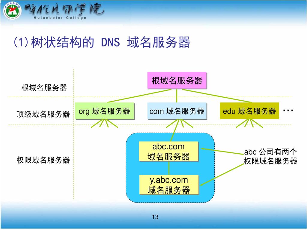 (1)树状结构的 DNS 域名服务器 … 根域名服务器 abc.com 域名服务器 y.abc.com 域名服务器 根域名服务器