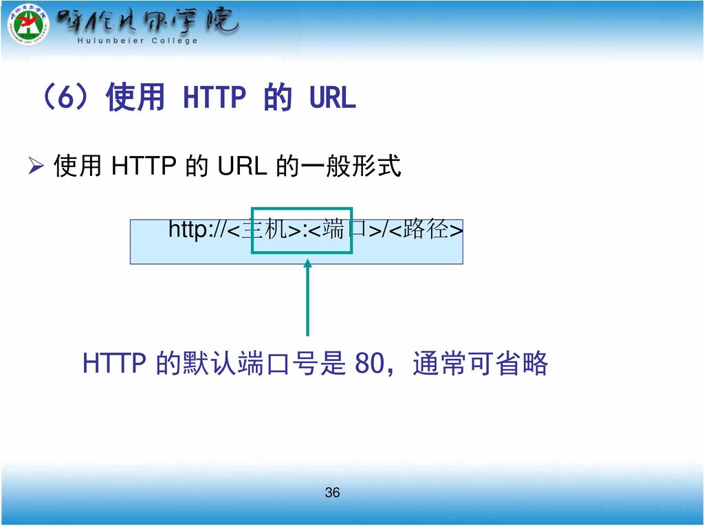（6）使用 HTTP 的 URL HTTP 的默认端口号是 80，通常可省略 使用 HTTP 的 URL 的一般形式