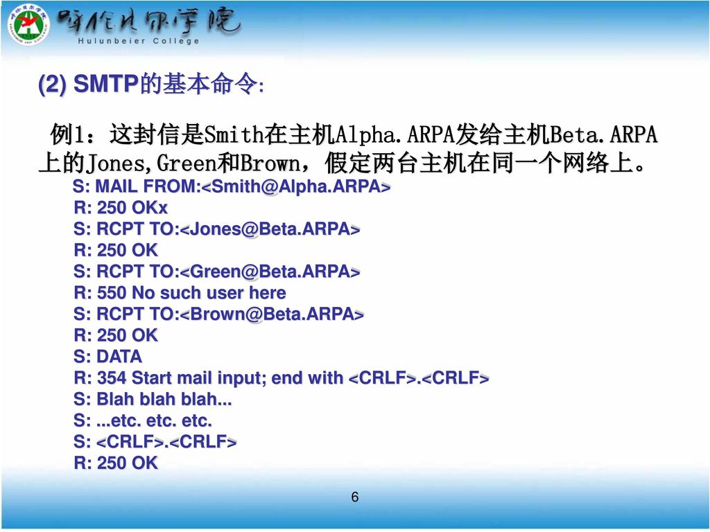 (2) SMTP的基本命令: 例1：这封信是Smith在主机Alpha.ARPA发给主机Beta.ARPA 上的Jones,Green和Brown，假定两台主机在同一个网络上。 S: MAIL