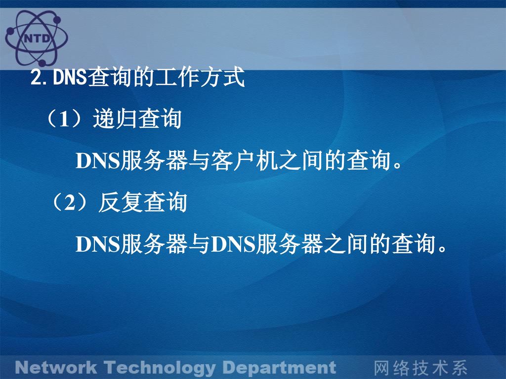 2.DNS查询的工作方式 （1）递归查询 DNS服务器与客户机之间的查询。 （2）反复查询 DNS服务器与DNS服务器之间的查询。