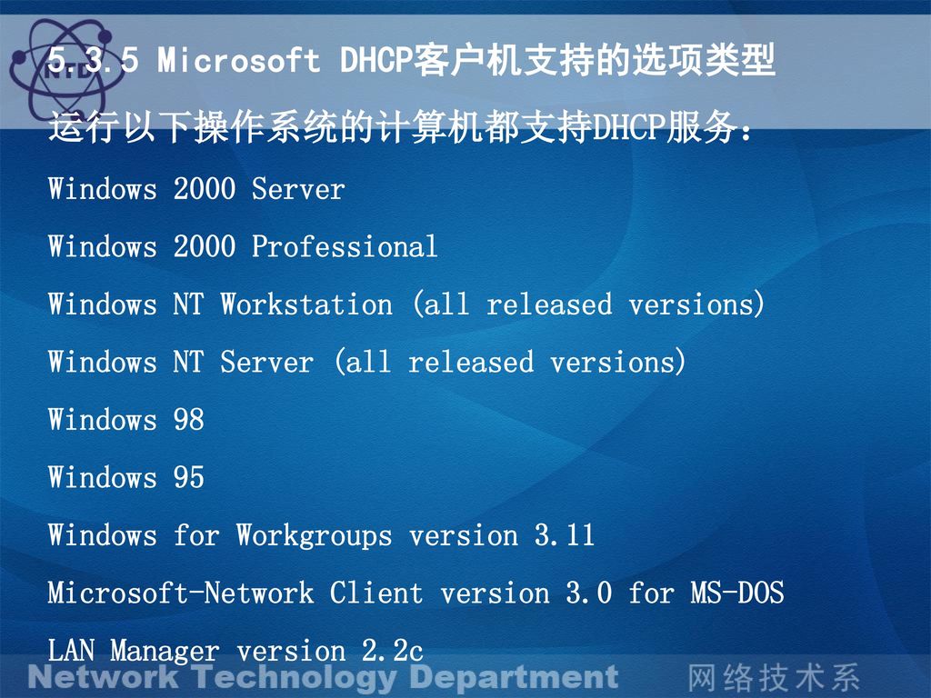 5.3.5 Microsoft DHCP客户机支持的选项类型 运行以下操作系统的计算机都支持DHCP服务：
