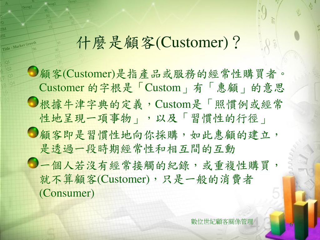 什麼是顧客(Customer)？ 顧客(Customer)是指產品或服務的經常性購買者。Customer 的字根是「Custom」有「惠顧」的意思. 根據牛津字典的定義，Custom是「照慣例或經常性地呈現一項事物」，以及「習慣性的行徑」