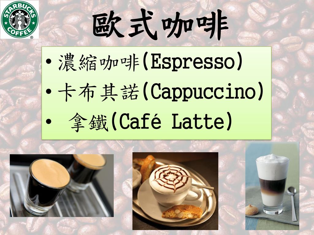 歐式咖啡 濃縮咖啡(Espresso) 卡布其諾(Cappuccino) 拿鐵(Café Latte)