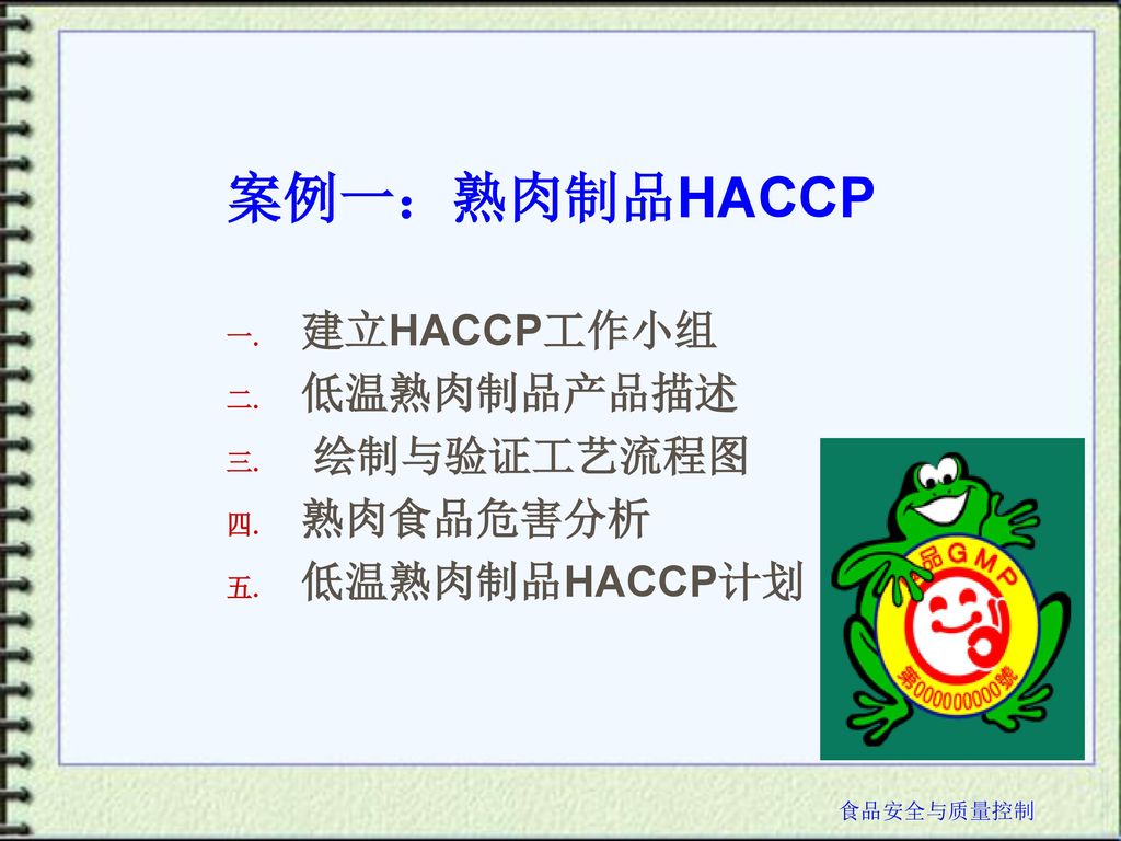 案例一：熟肉制品HACCP 建立HACCP工作小组 低温熟肉制品产品描述 绘制与验证工艺流程图 熟肉食品危害分析 低温熟肉制品HACCP计划