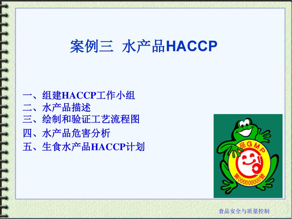 案例三 水产品HACCP 一、组建HACCP工作小组 二、水产品描述 三、绘制和验证工艺流程图 四、水产品危害分析