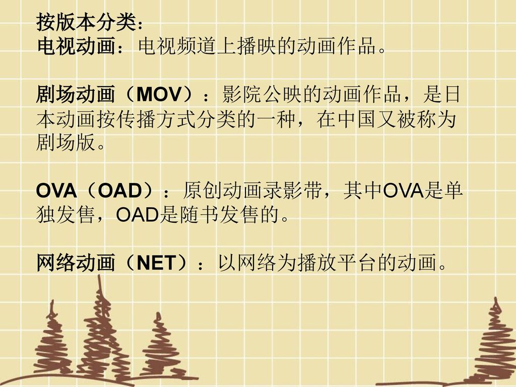 按版本分类： 电视动画：电视频道上播映的动画作品。 剧场动画（MOV）：影院公映的动画作品，是日本动画按传播方式分类的一种，在中国又被称为剧场版。 OVA（OAD）：原创动画录影带，其中OVA是单独发售，OAD是随书发售的。