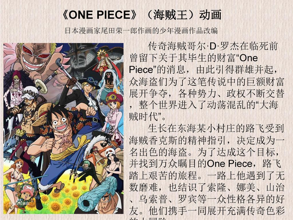 《ONE PIECE》（海贼王）动画 日本漫画家尾田荣一郎作画的少年漫画作品改编. 传奇海贼哥尔·D·罗杰在临死前曾留下关于其毕生的财富 One Piece 的消息，由此引得群雄并起，众海盗们为了这笔传说中的巨额财富展开争夺，各种势力、政权不断交替，整个世界进入了动荡混乱的 大海贼时代 。