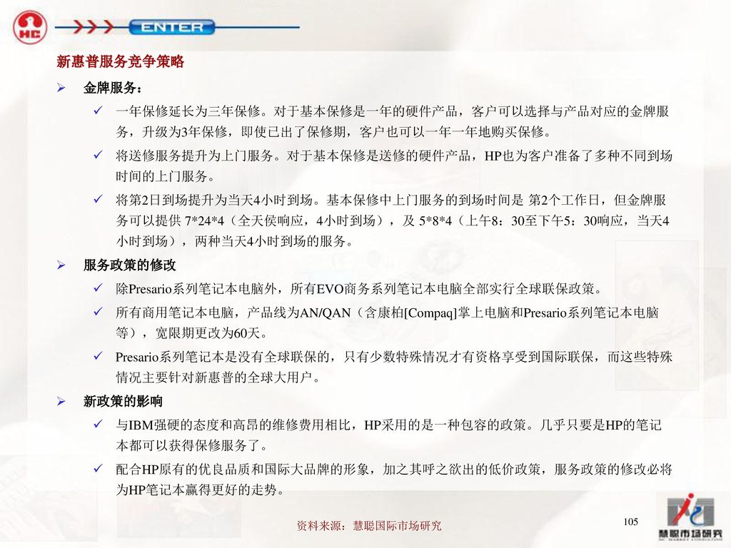 新惠普服务竞争策略 金牌服务： 一年保修延长为三年保修。对于基本保修是一年的硬件产品，客户可以选择与产品对应的金牌服务，升级为3年保修，即使已出了保修期，客户也可以一年一年地购买保修。 将送修服务提升为上门服务。对于基本保修是送修的硬件产品，HP也为客户准备了多种不同到场时间的上门服务。