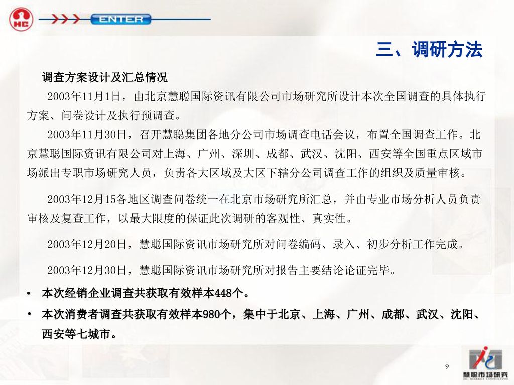 三、调研方法 调查方案设计及汇总情况. 2003年11月1日，由北京慧聪国际资讯有限公司市场研究所设计本次全国调查的具体执行方案、问卷设计及执行预调查。