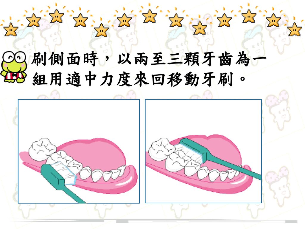 刷側面時，以兩至三顆牙齒為一組用適中力度來回移動牙刷。