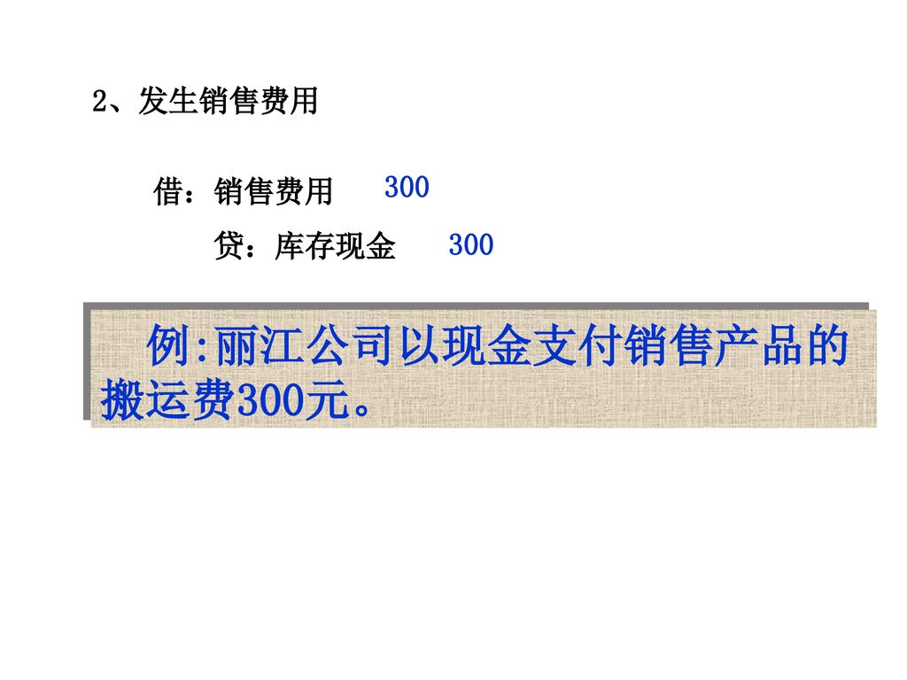 例:丽江公司以现金支付销售产品的搬运费300元。