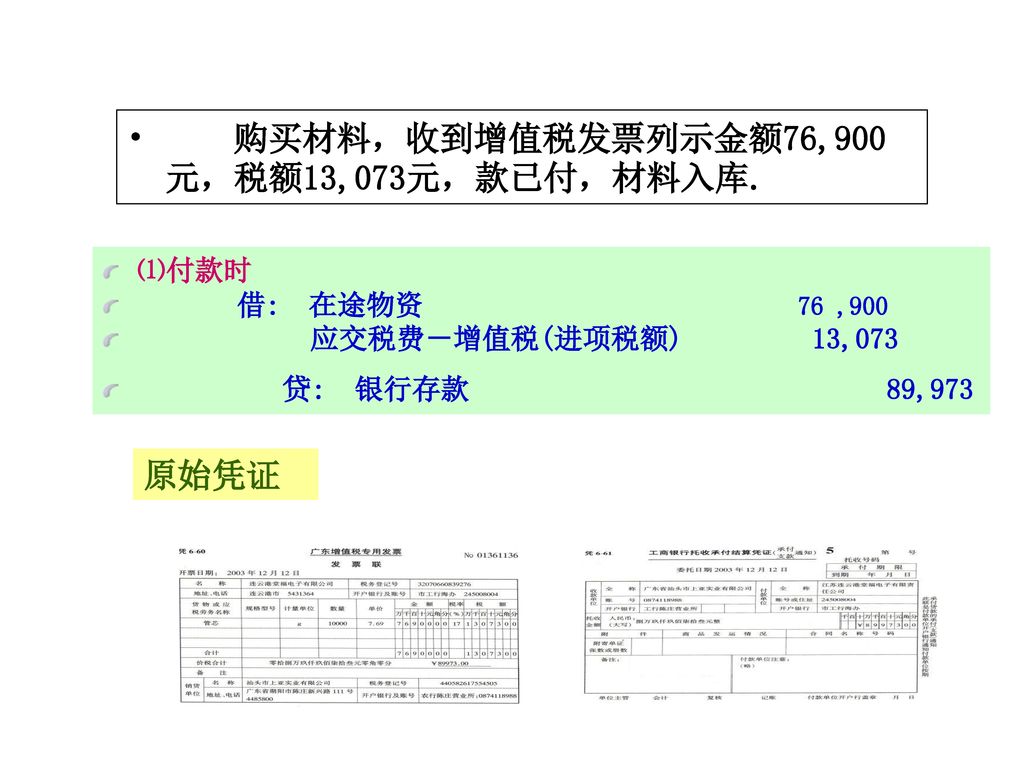 购买材料，收到增值税发票列示金额76,900元，税额13,073元，款已付，材料入库.
