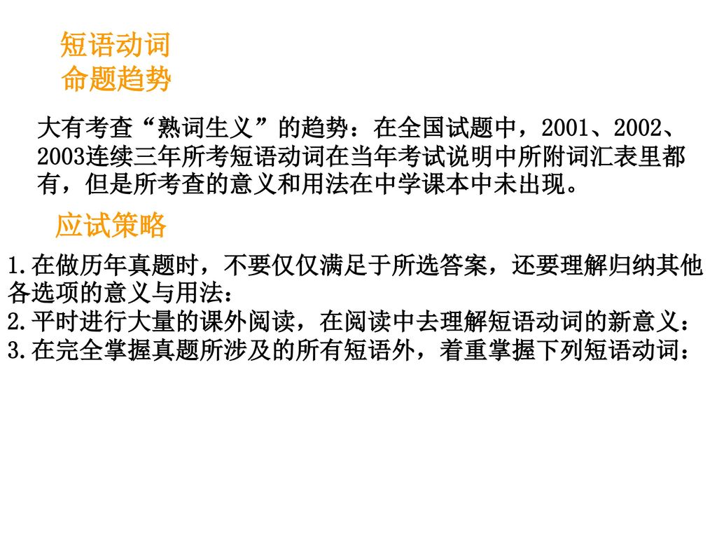 短语动词 命题趋势. 大有考查 熟词生义 的趋势：在全国试题中，2001、2002、2003连续三年所考短语动词在当年考试说明中所附词汇表里都有，但是所考查的意义和用法在中学课本中未出现。 应试策略.