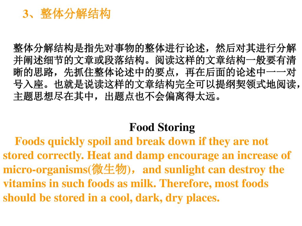 3、整体分解结构 整体分解结构是指先对事物的整体进行论述，然后对其进行分解并阐述细节的文章或段落结构。阅读这样的文章结构一般要有清晰的思路，先抓住整体论述中的要点，再在后面的论述中一一对号入座。也就是说读这样的文章结构完全可以提纲契领式地阅读，主题思想尽在其中，出题点也不会偏离得太远。