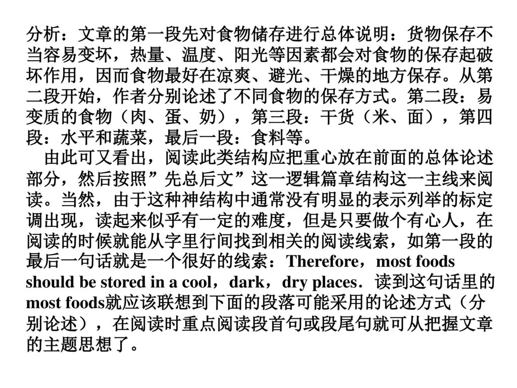 分析：文章的第一段先对食物储存进行总体说明：货物保存不当容易变坏，热量、温度、阳光等因素都会对食物的保存起破坏作用，因而食物最好在凉爽、避光、干燥的地方保存。从第二段开始，作者分别论述了不同食物的保存方式。第二段：易变质的食物（肉、蛋、奶），第三段：干货（米、面），第四段：水平和蔬菜，最后一段：食料等。