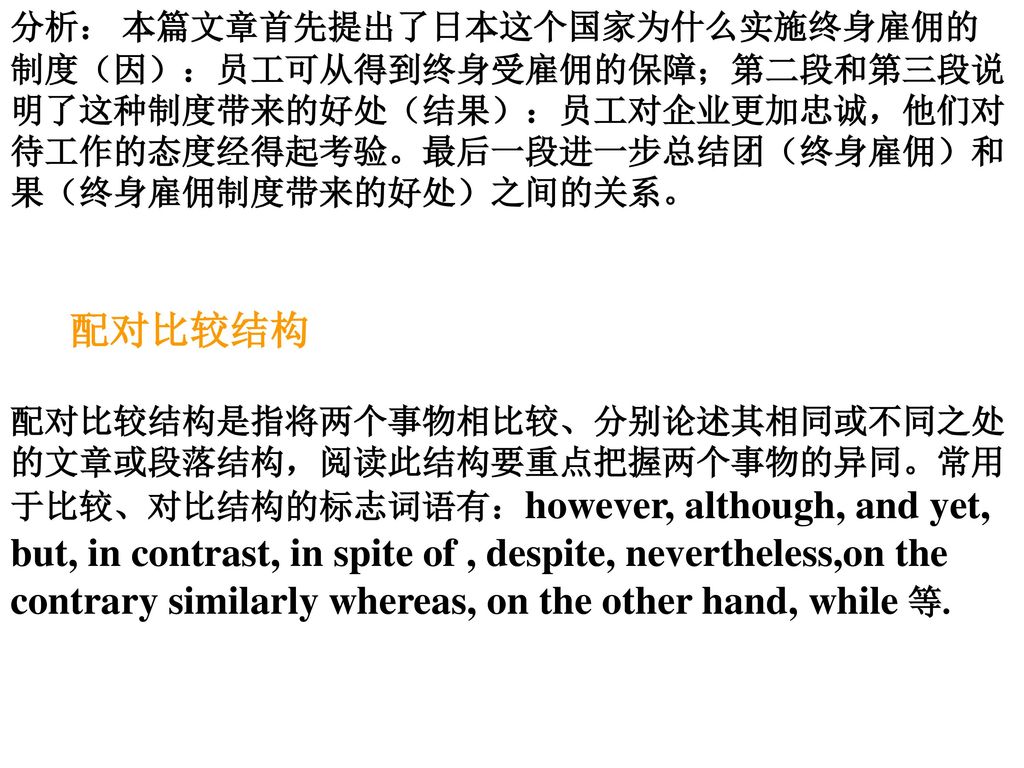 分析： 本篇文章首先提出了日本这个国家为什么实施终身雇佣的制度（因）：员工可从得到终身受雇佣的保障；第二段和第三段说明了这种制度带来的好处（结果）：员工对企业更加忠诚，他们对待工作的态度经得起考验。最后一段进一步总结团（终身雇佣）和果（终身雇佣制度带来的好处）之间的关系。