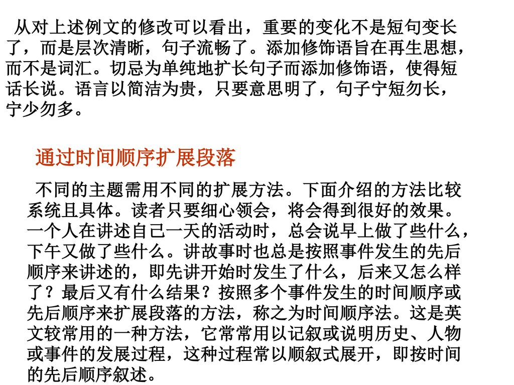 从对上述例文的修改可以看出，重要的变化不是短句变长了，而是层次清晰，句子流畅了。添加修饰语旨在再生思想，而不是词汇。切忌为单纯地扩长句子而添加修饰语，使得短话长说。语言以简洁为贵，只要意思明了，句子宁短勿长，宁少勿多。