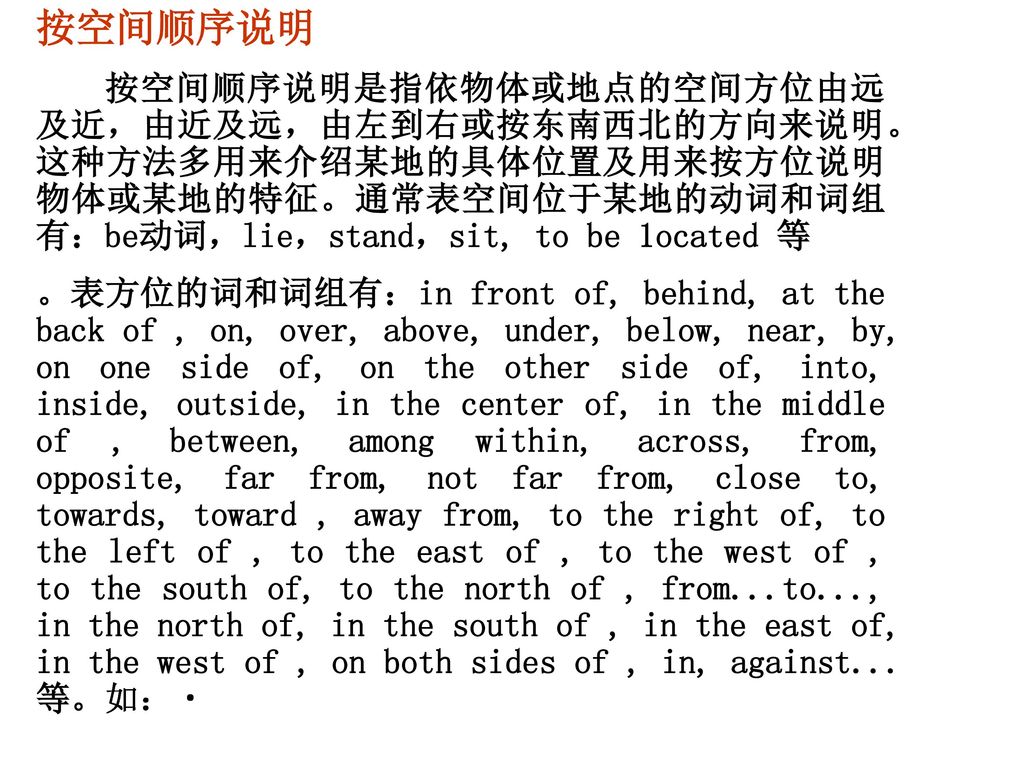 按空间顺序说明 按空间顺序说明是指依物体或地点的空间方位由远及近，由近及远，由左到右或按东南西北的方向来说明。这种方法多用来介绍某地的具体位置及用来按方位说明物体或某地的特征。通常表空间位于某地的动词和词组有：be动词，lie，stand，sit, to be 1ocated 等.