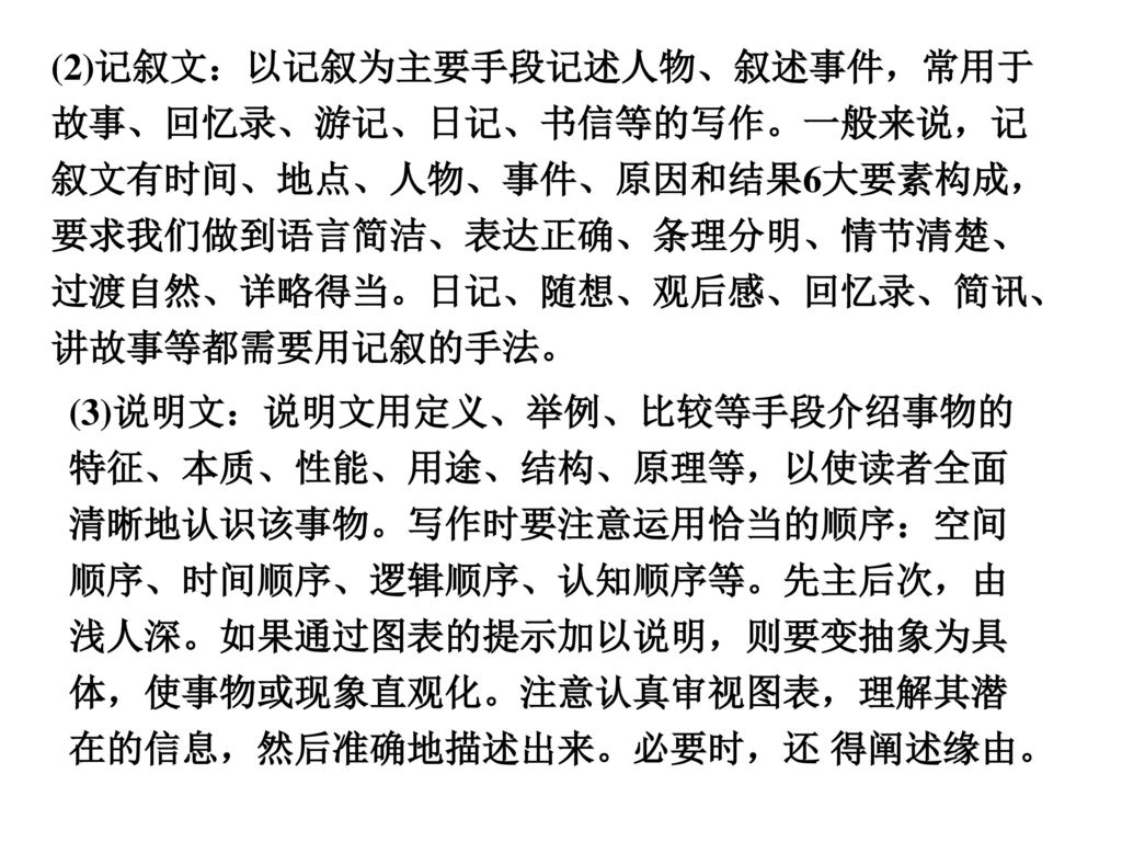 (2)记叙文：以记叙为主要手段记述人物、叙述事件，常用于故事、回忆录、游记、日记、书信等的写作。一般来说，记叙文有时间、地点、人物、事件、原因和结果6大要素构成，要求我们做到语言简洁、表达正确、条理分明、情节清楚、过渡自然、详略得当。日记、随想、观后感、回忆录、简讯、讲故事等都需要用记叙的手法。