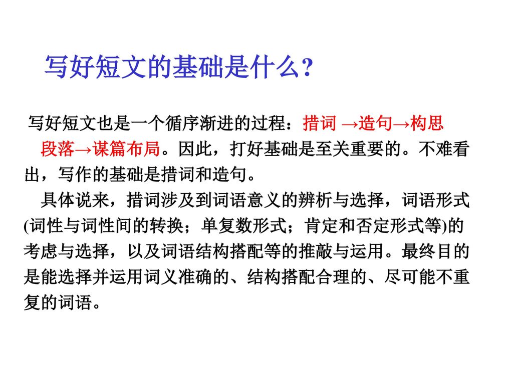 写好短文的基础是什么 写好短文也是一个循序渐进的过程：措词 →造句→构思