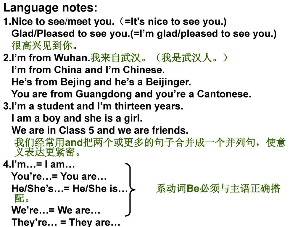 Language notes: 1.Nice to see/meet you.（=It’s nice to see you.)