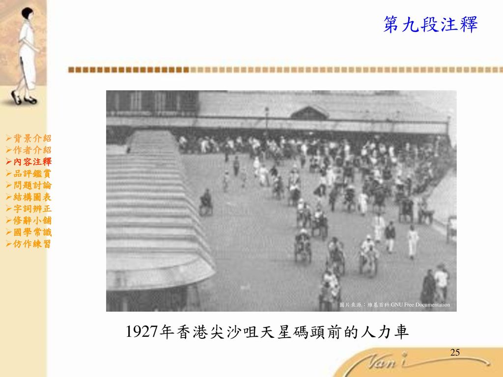 第九段注釋 1927年香港尖沙咀天星碼頭前的人力車 背景介紹 作者介紹 內容注釋 品評鑑賞 問題討論 結構圖表 字詞辨正 修辭小舖 國學常識