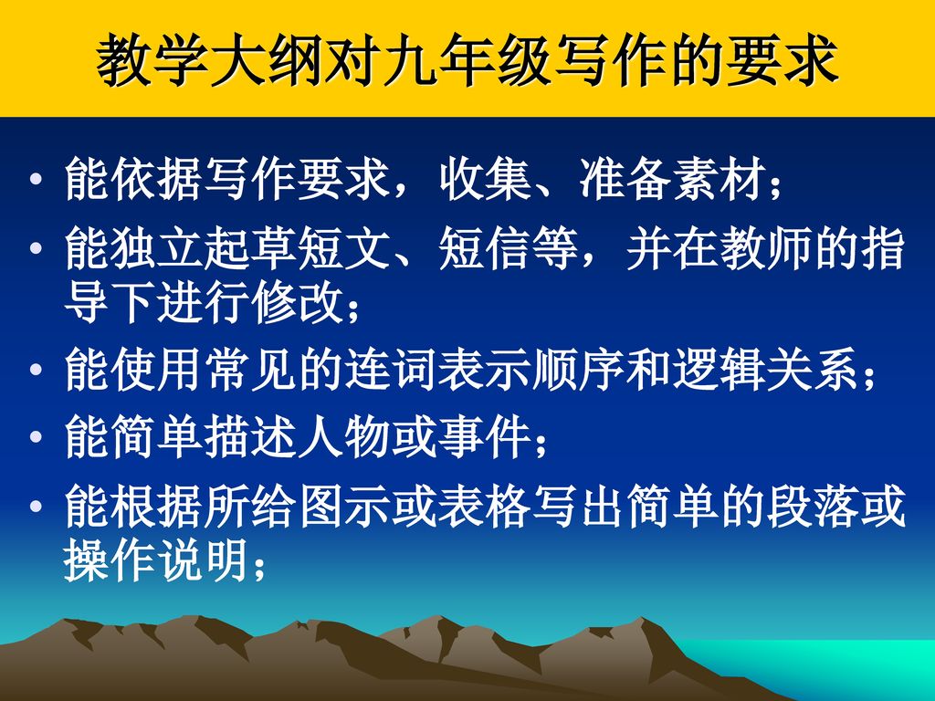 教学大纲对九年级写作的要求 能依据写作要求，收集、准备素材； 能独立起草短文、短信等，并在教师的指导下进行修改；