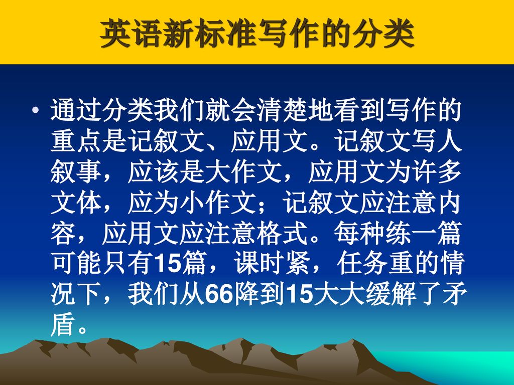 英语新标准写作的分类 通过分类我们就会清楚地看到写作的重点是记叙文、应用文。记叙文写人叙事，应该是大作文，应用文为许多文体，应为小作文；记叙文应注意内容，应用文应注意格式。每种练一篇可能只有15篇，课时紧，任务重的情况下，我们从66降到15大大缓解了矛盾。