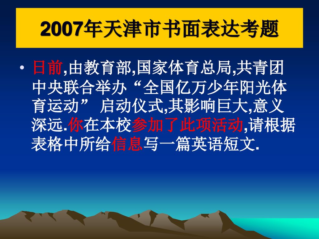 2007年天津市书面表达考题 日前,由教育部,国家体育总局,共青团中央联合举办 全国亿万少年阳光体育运动 启动仪式,其影响巨大,意义深远.你在本校参加了此项活动,请根据表格中所给信息写一篇英语短文.