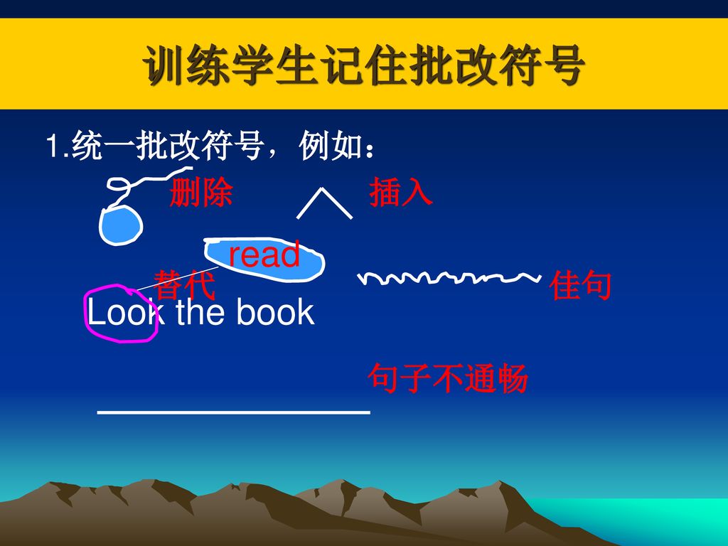 训练学生记住批改符号 1.统一批改符号，例如： 删除 插入. 替代 佳句. 句子不通畅. read.