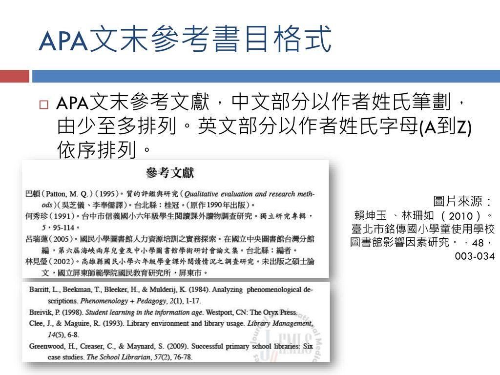 APA文末參考書目格式 APA文末參考文獻，中文部分以作者姓氏筆劃， 由少至多排列。英文部分以作者姓氏字母(A到Z) 依序排列。 圖片來源：