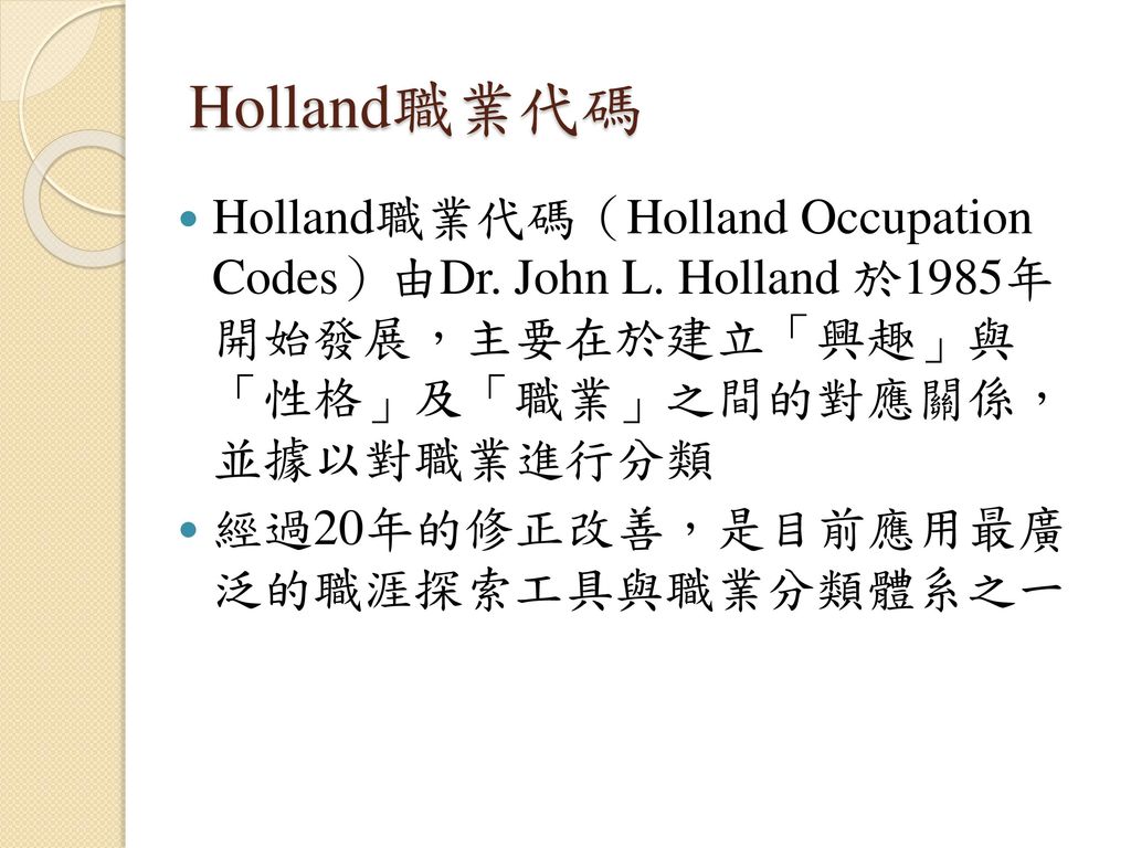 Holland職業代碼 Holland職業代碼（Holland Occupation Codes）由Dr. John L. Holland 於1985年 開始發展，主要在於建立「興趣」與 「性格」及「職業」之間的對應關係， 並據以對職業進行分類.