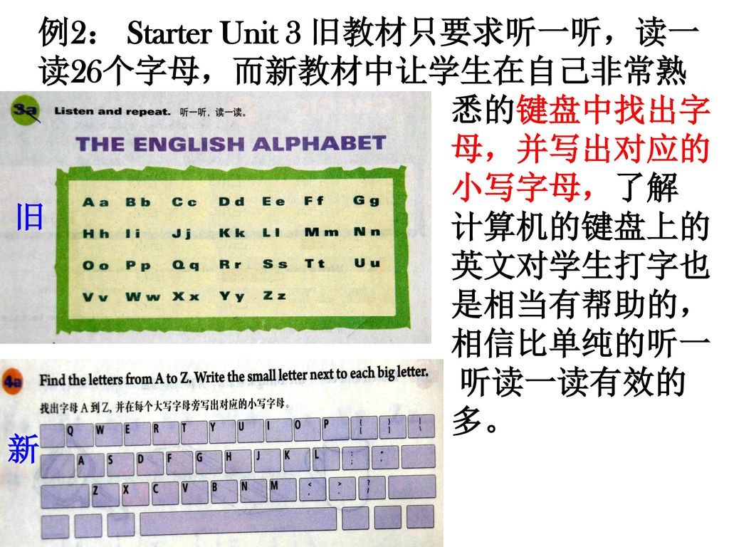 例2： Starter Unit 3 旧教材只要求听一听，读一读26个字母，而新教材中让学生在自己非常熟